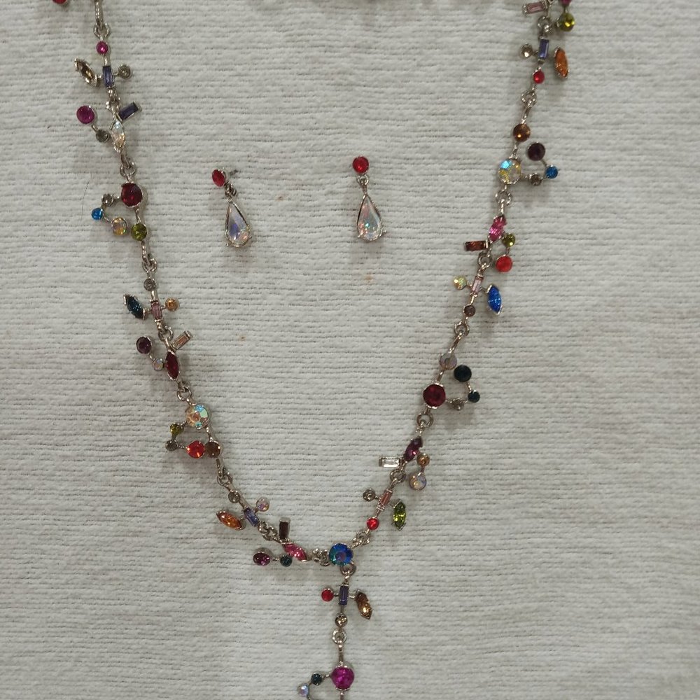 Ladies Silver Necklace with Multi-Color Stones and Matching Pierced Earings